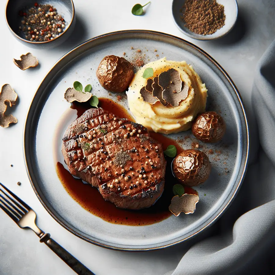 Bistec a la Pimienta con Puré de Papas Trufado