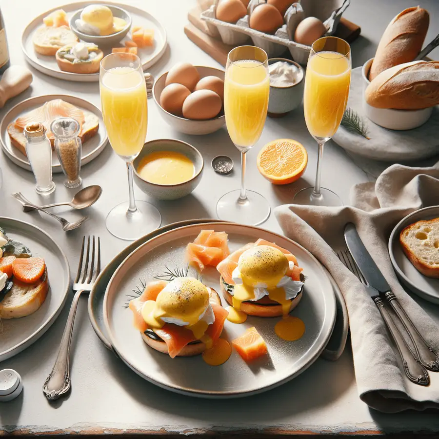 Brunch con huevos benedictinos y mimosas