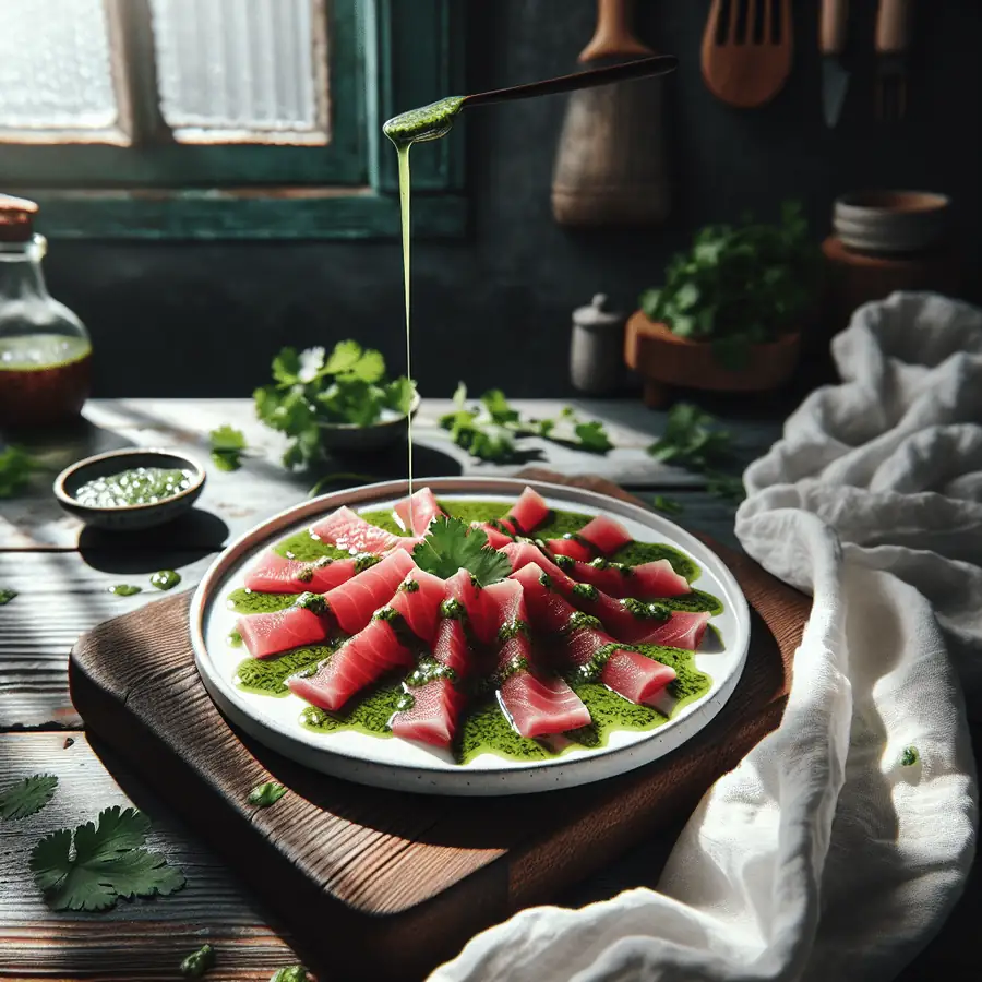 Carpaccio de atún con vinagreta de cilantro