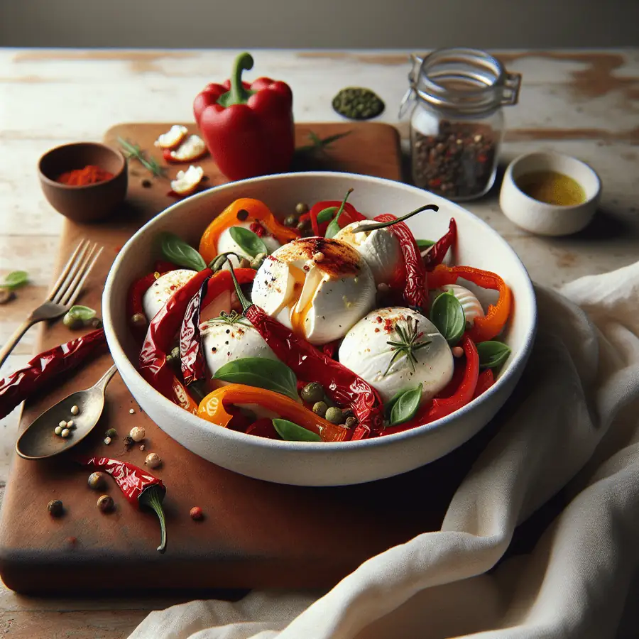 Ensalada de burrata y pimiento rojo asado