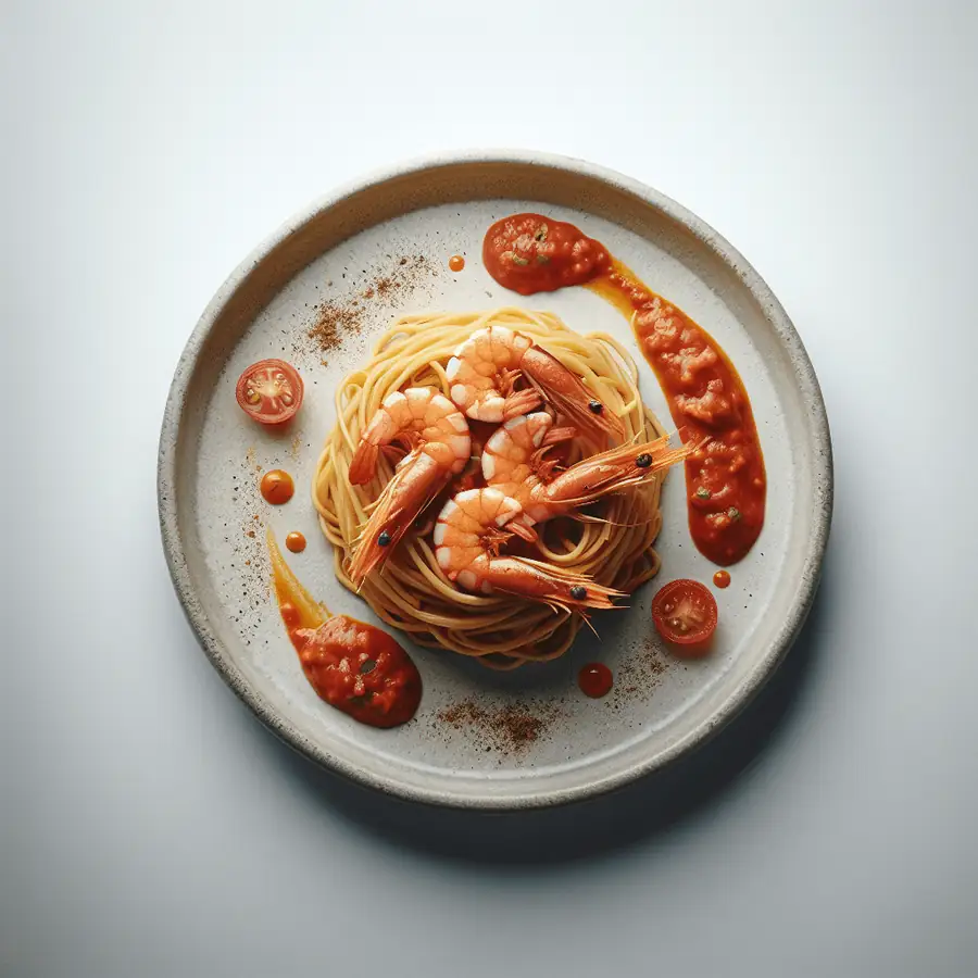 Fideos con Camarones y Salsa de Tomate Picante