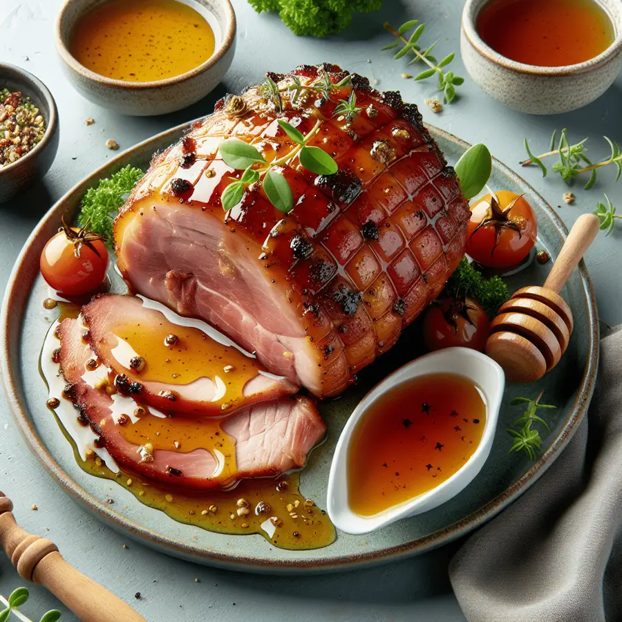 Jamón asado con salsa de miel y mostaza