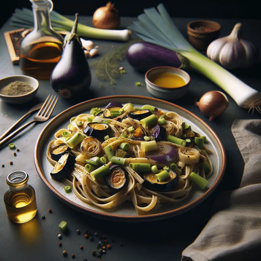 Pasta con salsa de puerros y berenjena
