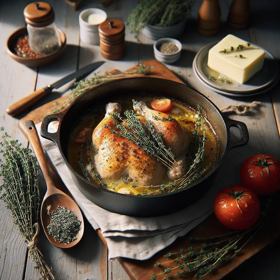 Pollo a la cacerola con tomillo y mantequilla