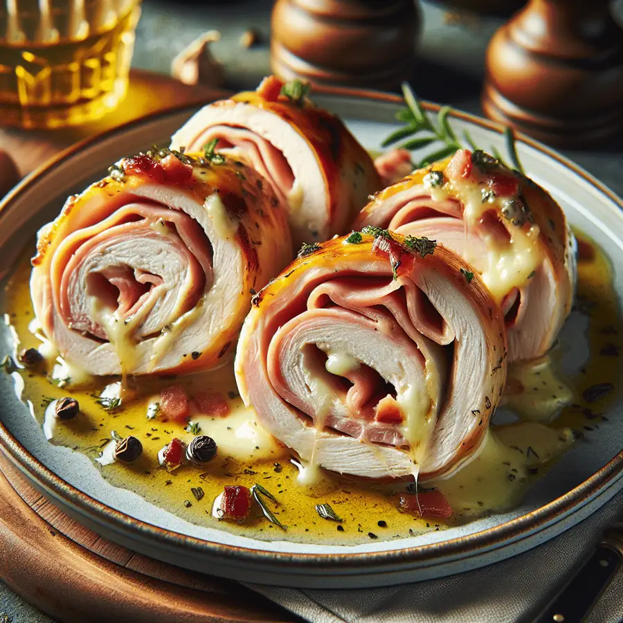 Rollitos de pollo rellenos de jamón y queso