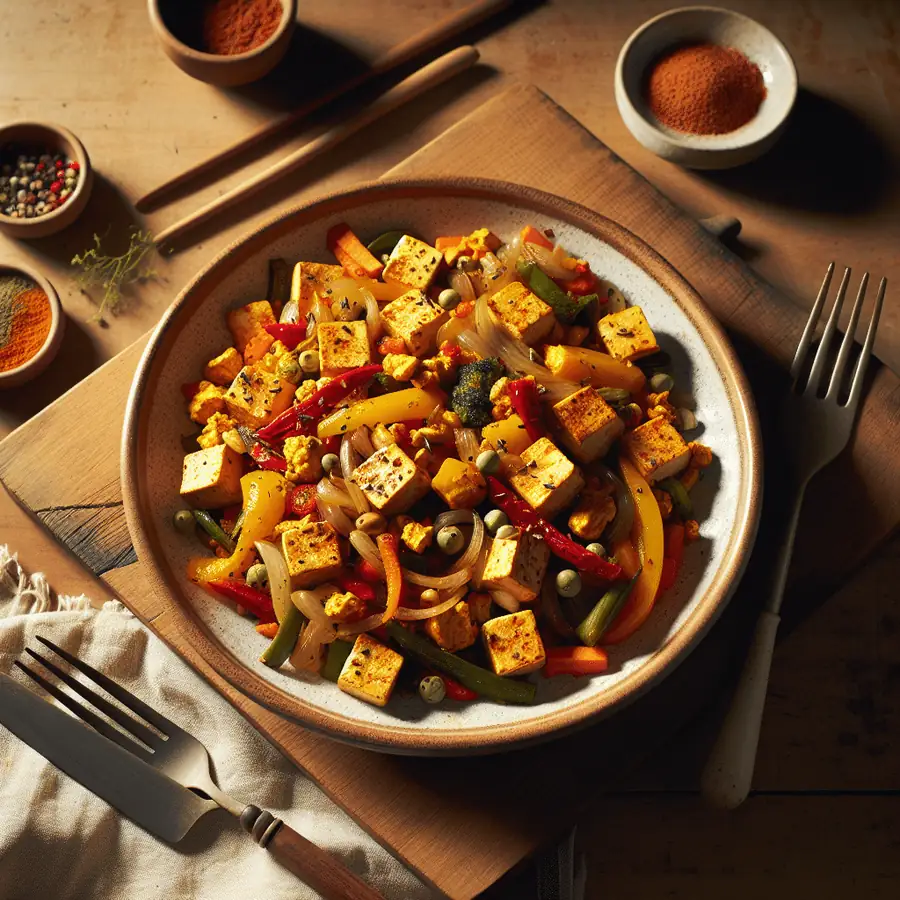 Tofu revuelto con especias y vegetales
