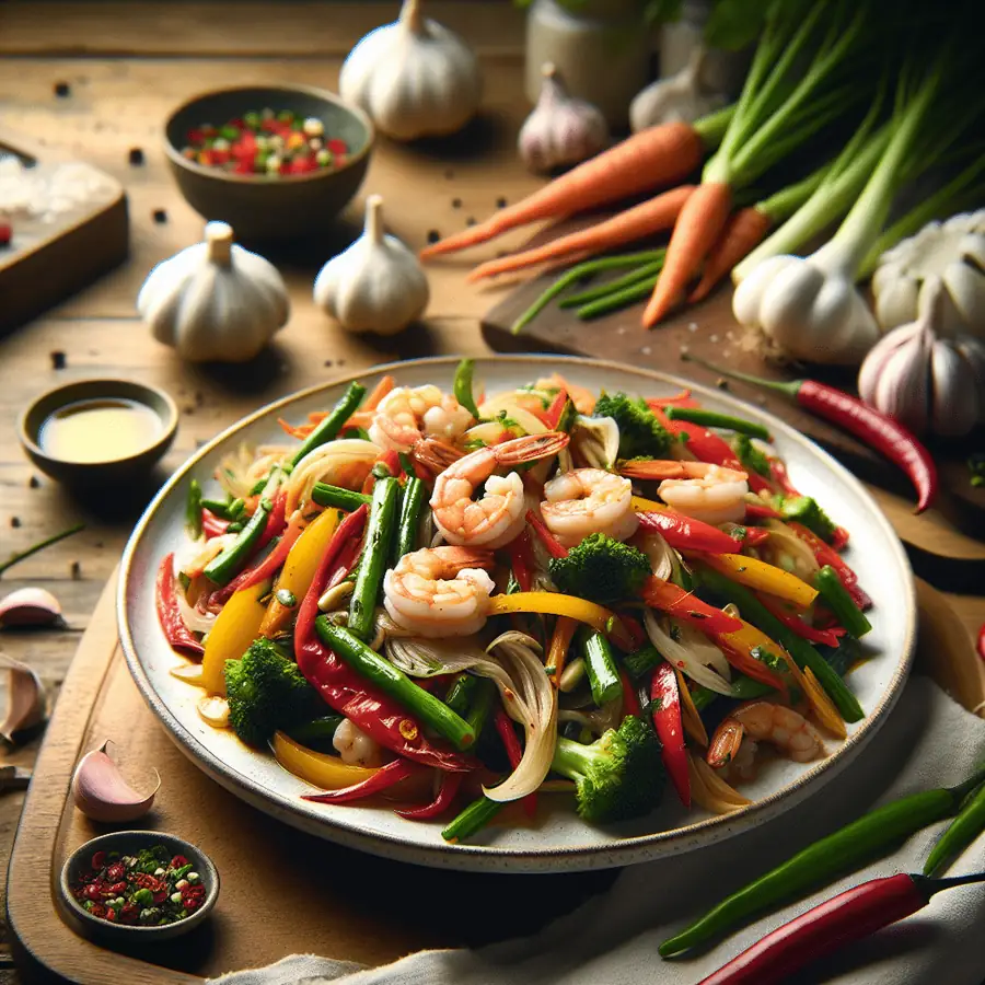 Verduritas al wok con langostinos