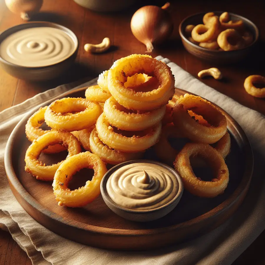 Aros de cebolla al horno con dip de anacardo