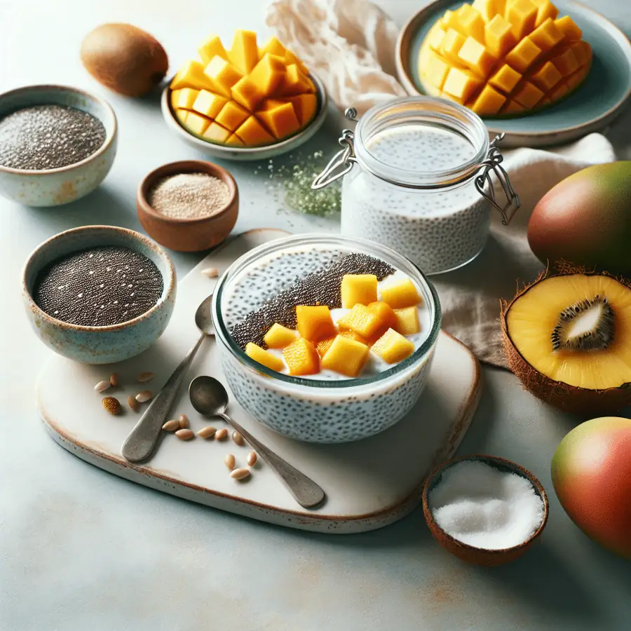 Chia pudding con leche de coco y frutas tropicales
