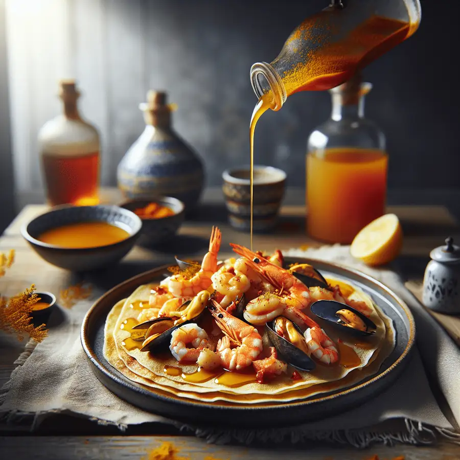 Crepes de Mariscos con Salsa de Azafrán
