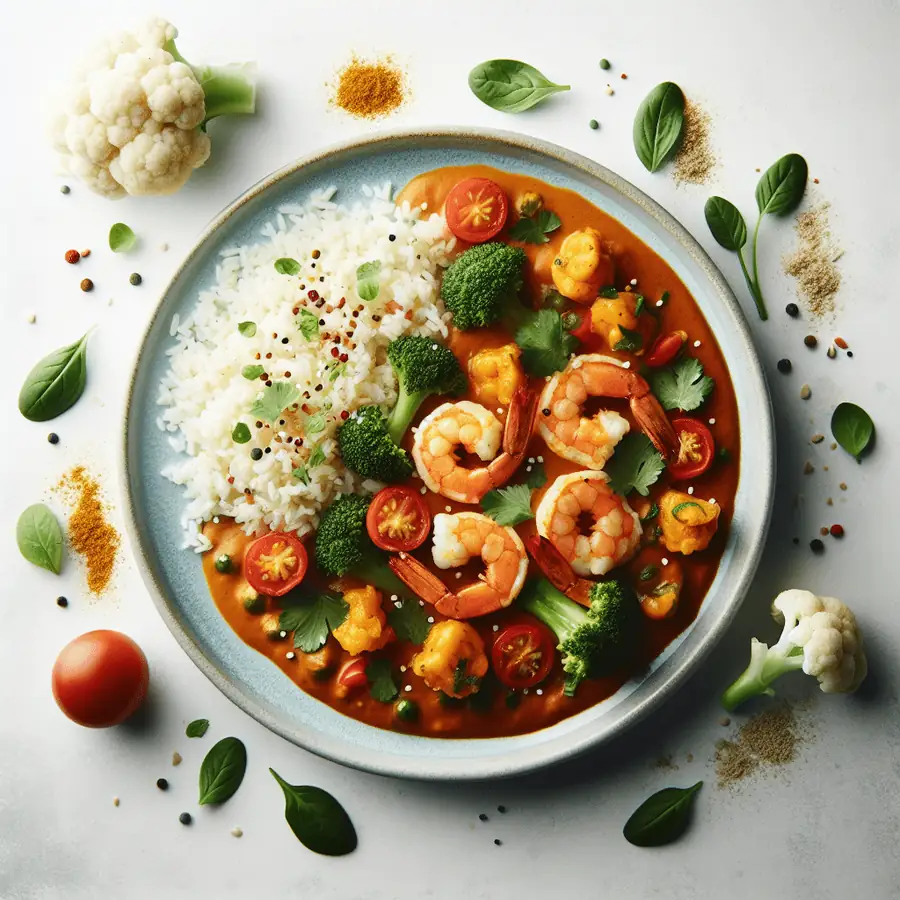 Curry Rojo de Camarones con Arroz de Coliflor