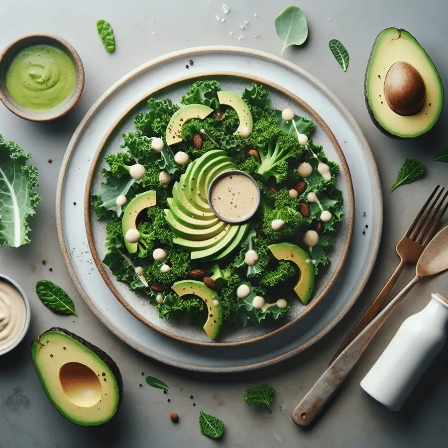 Ensalada de col rizada con aderezo de aguacate