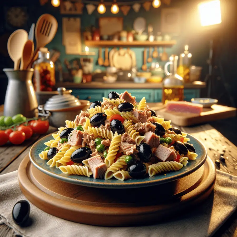 Ensalada de pasta con atún y olivas negras