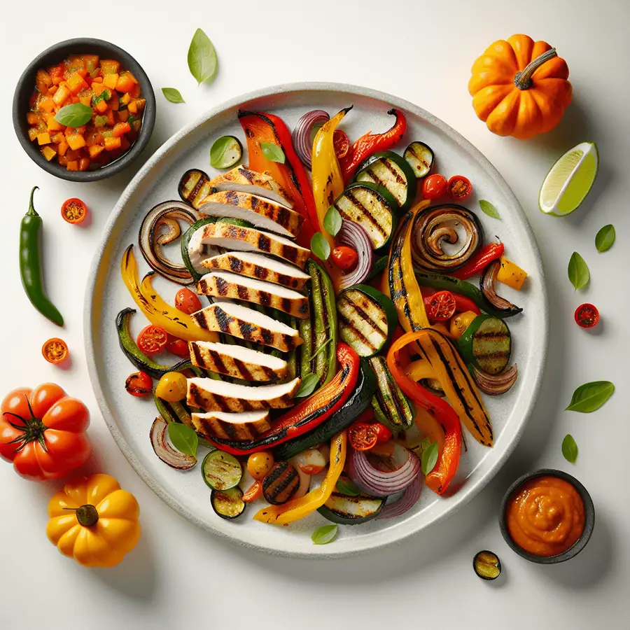 Fajitas de Pollo con Verduras Asadas y Salsa de Calabaza