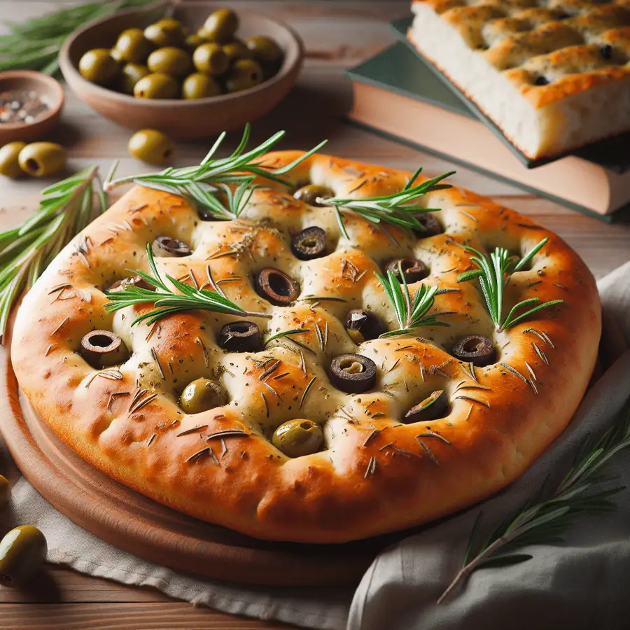 Focaccia vegana con romero y aceitunas