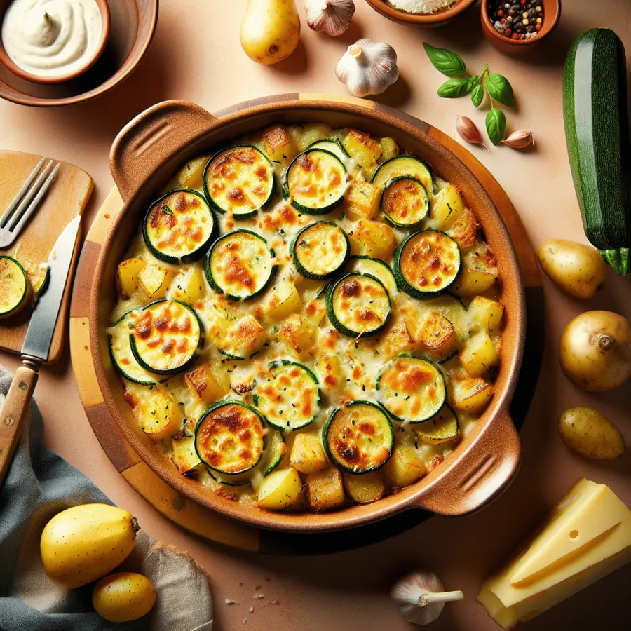 Gratinado de Calabacín y Patatas con Salsa de Queso
