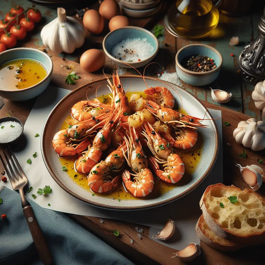 Langostinos al Ajillo con Pan Crujiente