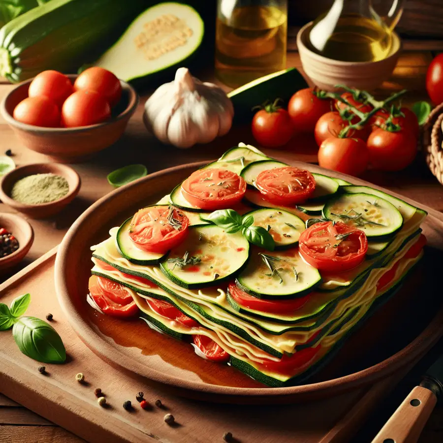 Lasaña cruda de calabacín y tomate