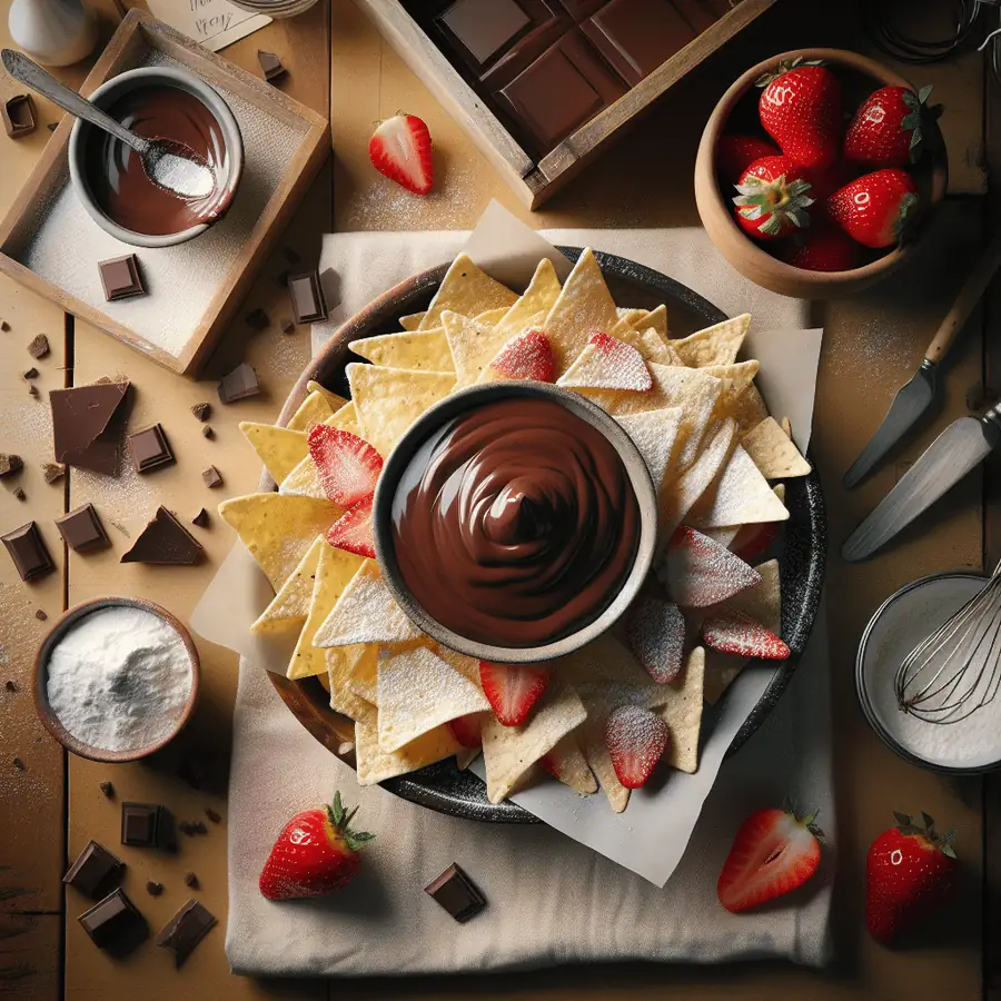 Nachos Dulces con Sirope de Chocolate y Fresas