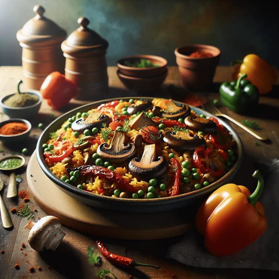 Paella Vegana con Setas y Pimientos Asados