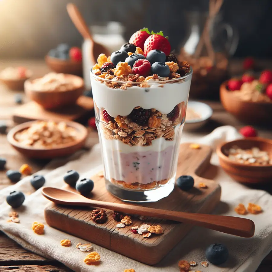 Parfait de yogur de soja con muesli y bayas