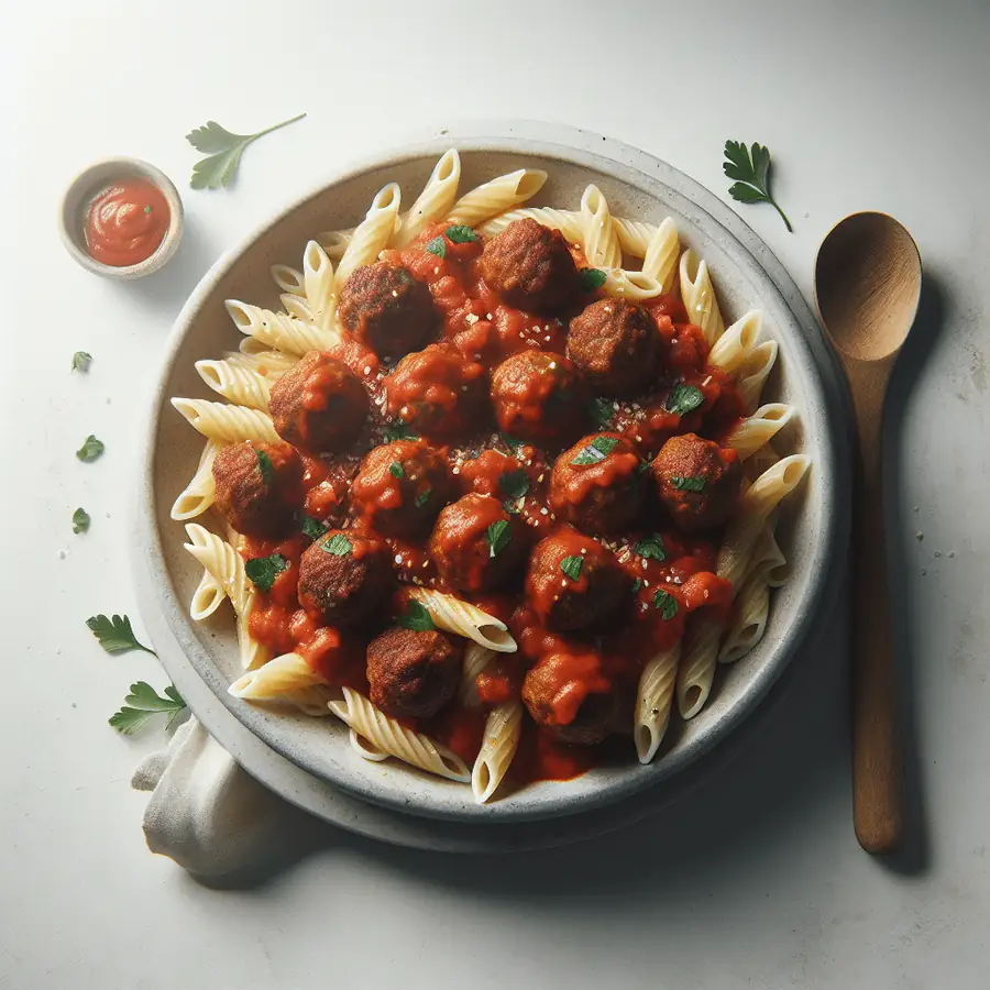 Pasta con albóndigas en salsa de tomate