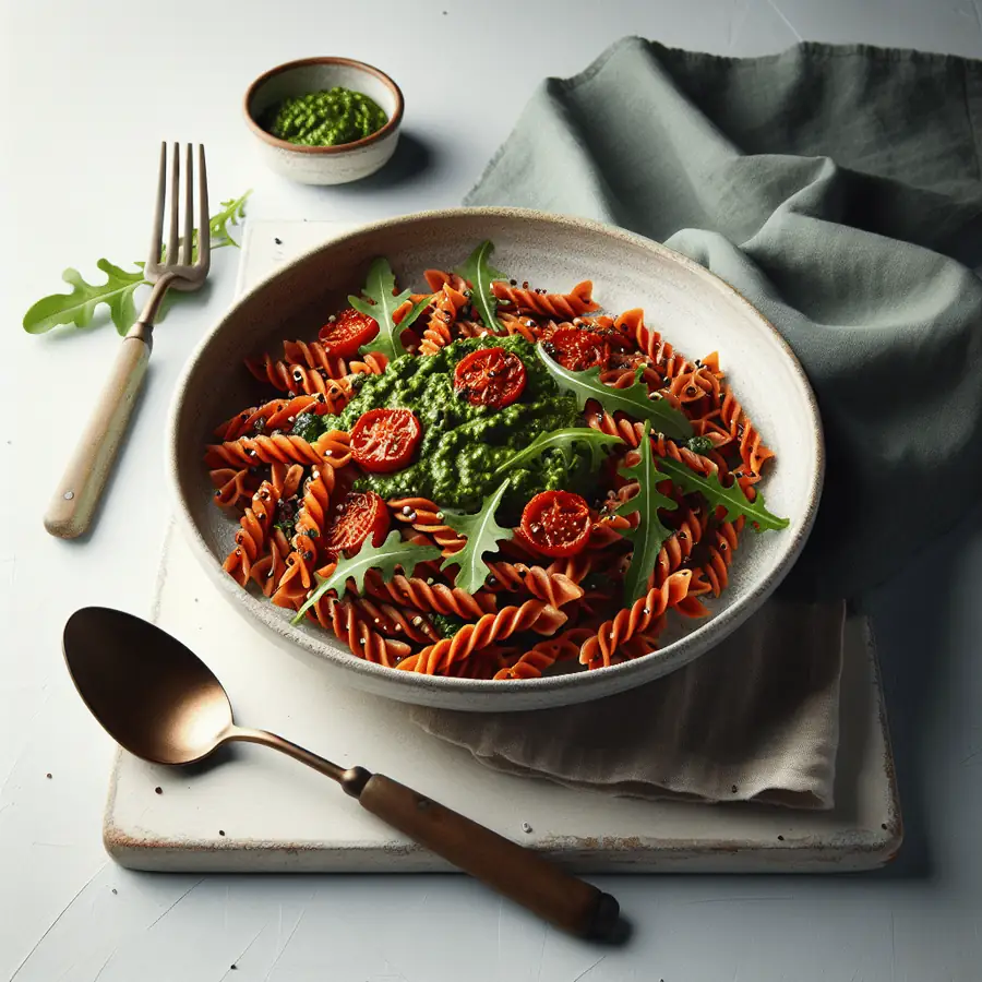 Pasta de lentejas rojas con pesto de rúcula