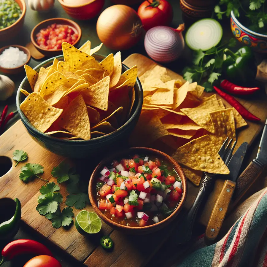 Pico de gallo con chips de tortilla caseros