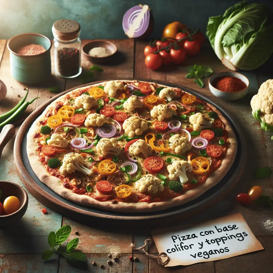 Pizza con base de coliflor y toppings veganos