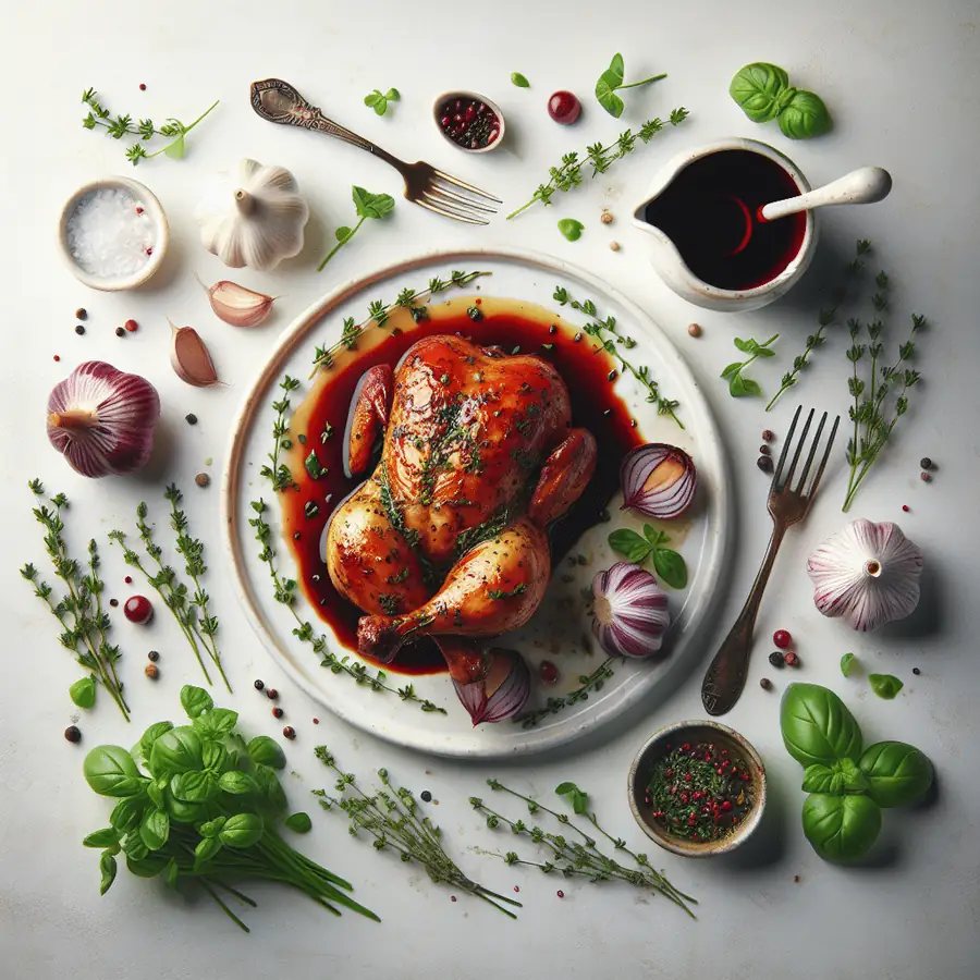 Pollo Asado con Hierbas, Ajo y Reducción de Vino Tinto