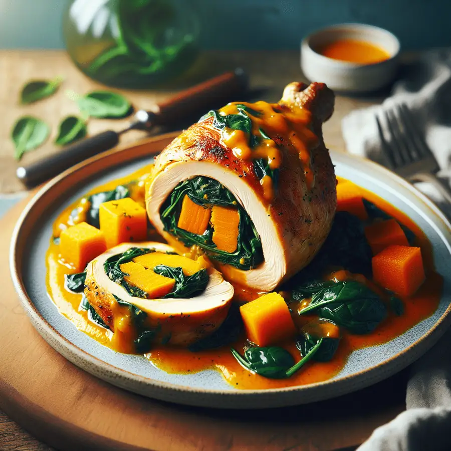 Pollo Relleno de Calabaza y Espinacas con Salsa de Naranja