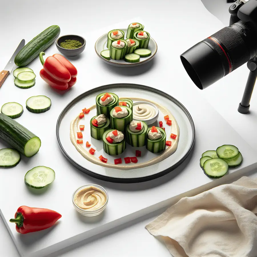 Rollitos de Pepino con Hummus y Pimiento Rojo