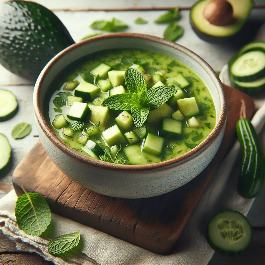 Sopa Fría de Pepino y Aguacate con Hierbabuena