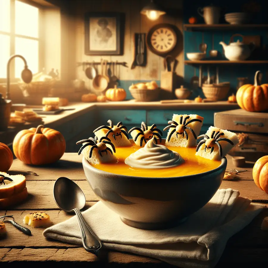 Sopa de Calabaza con Crema de Arañas de Pan