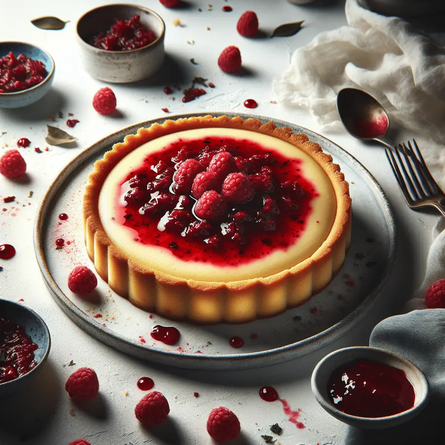 Tarta de queso y mermelada de frambuesa