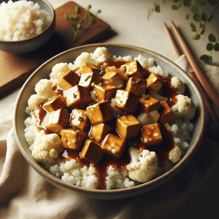 Tofu teriyaki sobre arroz de coliflor
