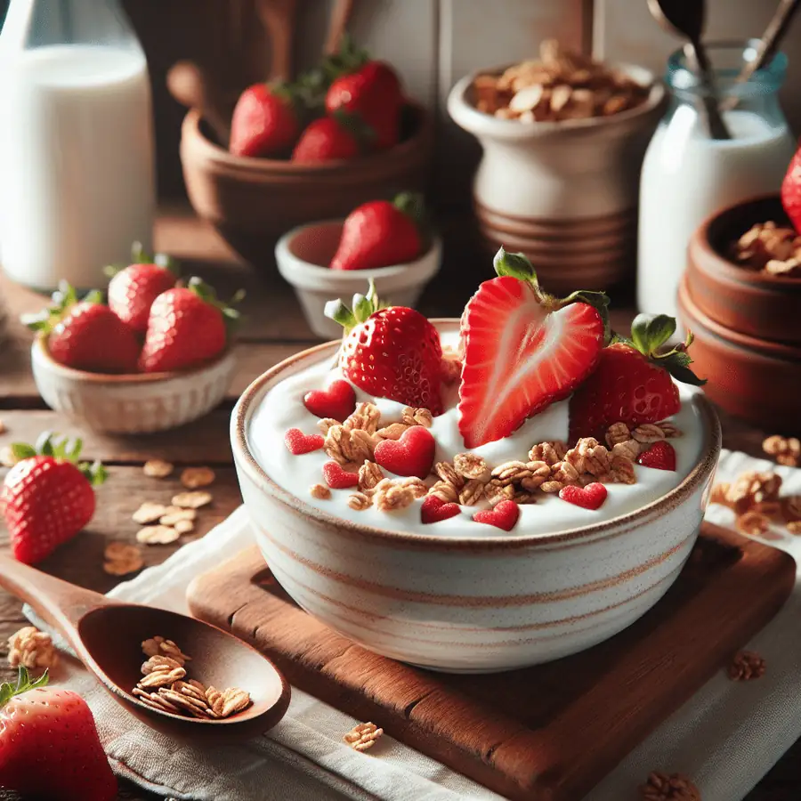 Yogur con Granola y Corazones de Fresa